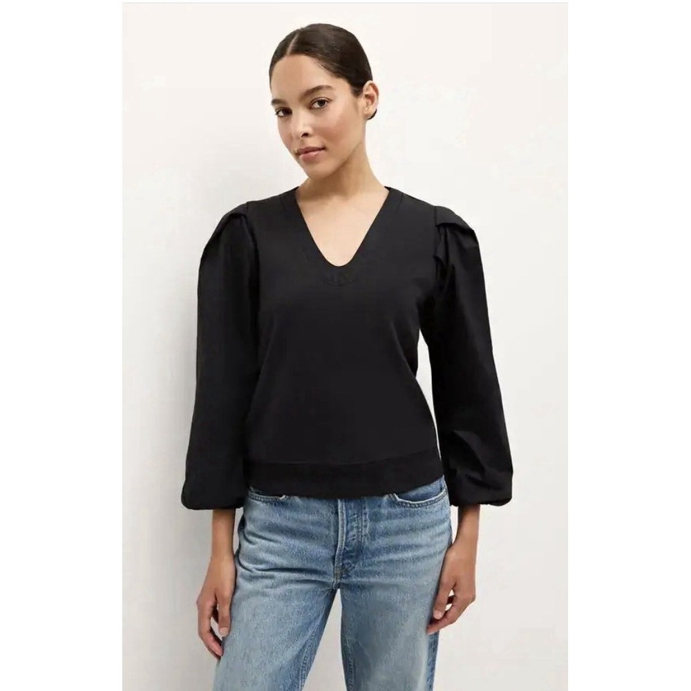 Marie Oliver Bianca Puff Shoulder Pullover Top Women L Black Athleisure Preppy